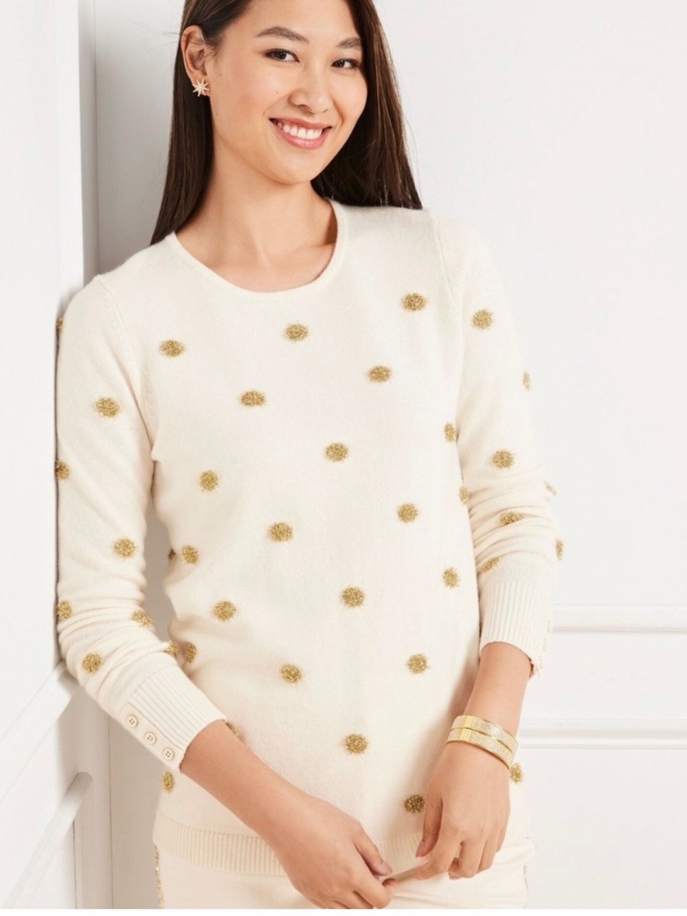 NWT Talbots Cream Polka Dot Tinsel Crewneck Sweater - Size 1X